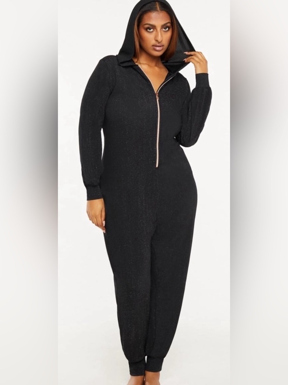 Savage X Fenty Sleep & Shine Hooded Jumpsuit Black Glitter Sz S Zip Front Lounge